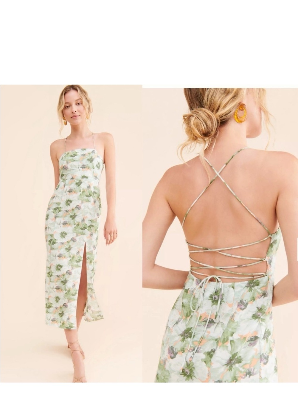 Anthropologie En Saison Lario White and Green Floral Midi Dress L